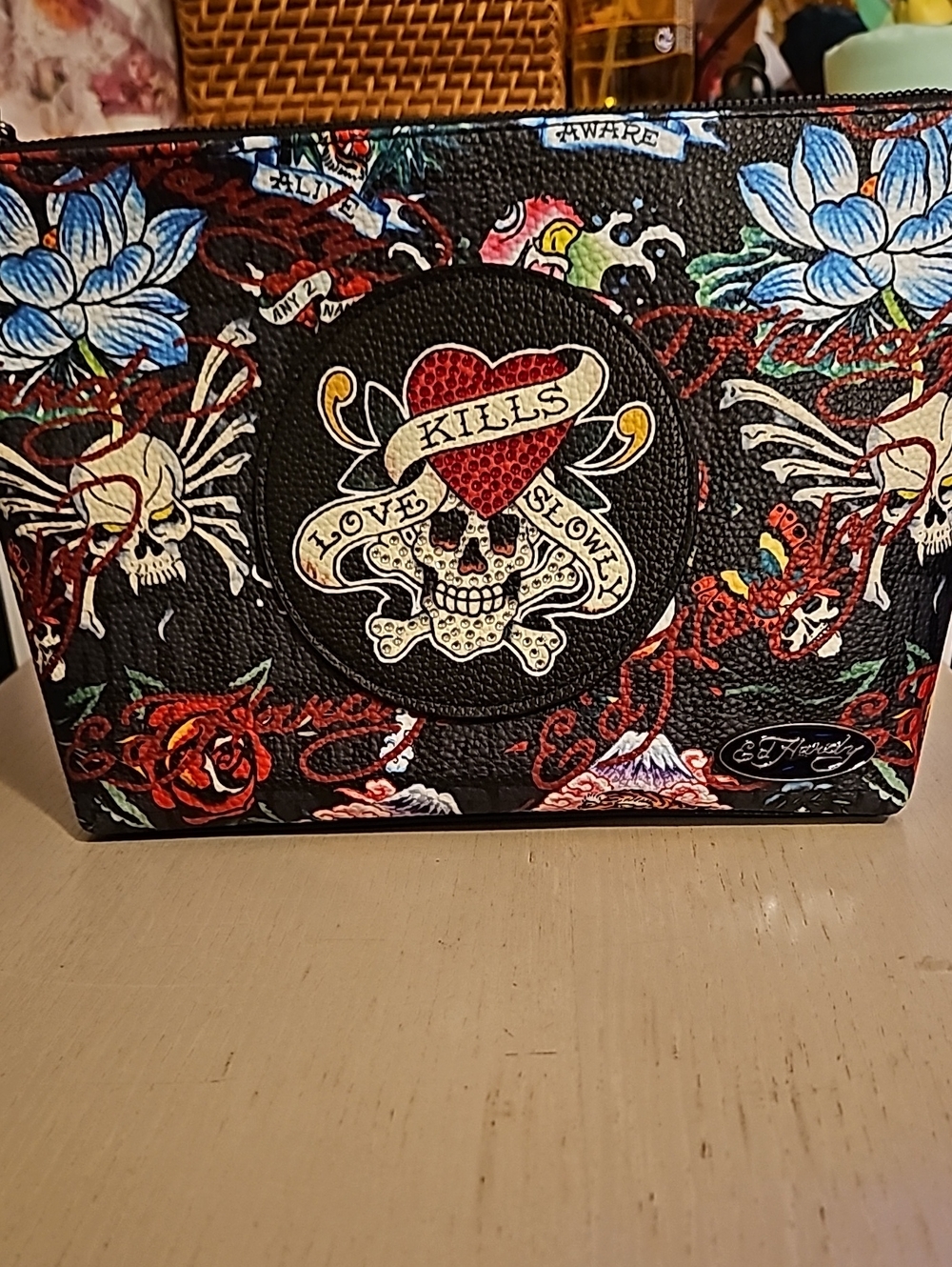 Ed Hardy Black Floral Skull Cosmetic Pouch with Red Heart Accent